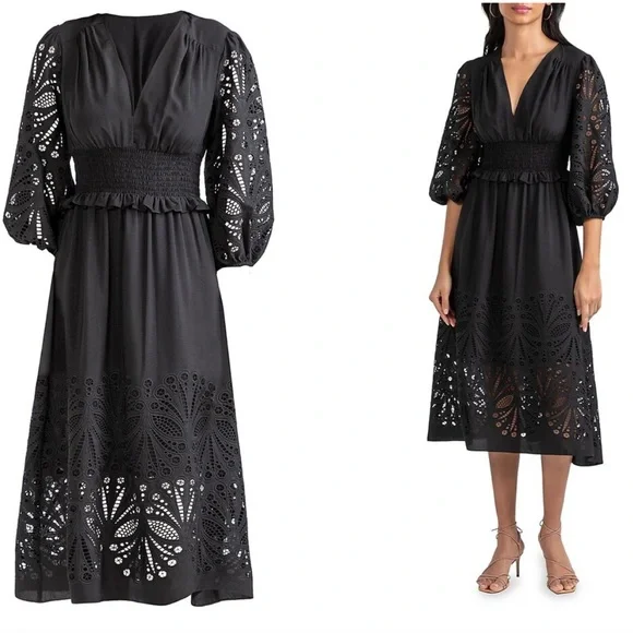NWT Shoshanna Ari Laser Cut Midi Eyelet Dress Black Size 2 - Picture 16 of 16